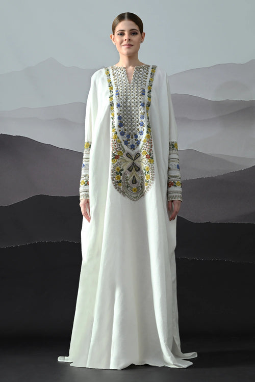 Ivory Kaftan With Hand-Embroidered Floral Work