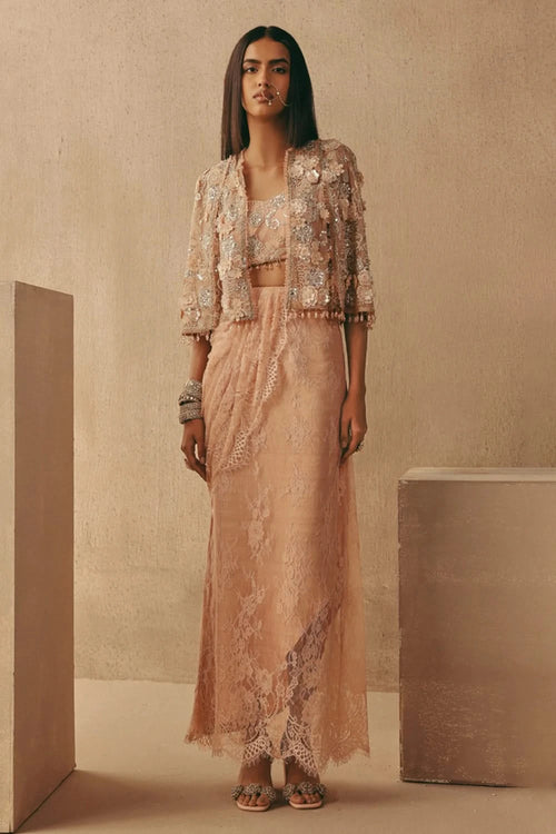 Blush Mirrorwork Cape Sleeves Jacket with Jaal Bandeau and Lace Pick Up Skirt