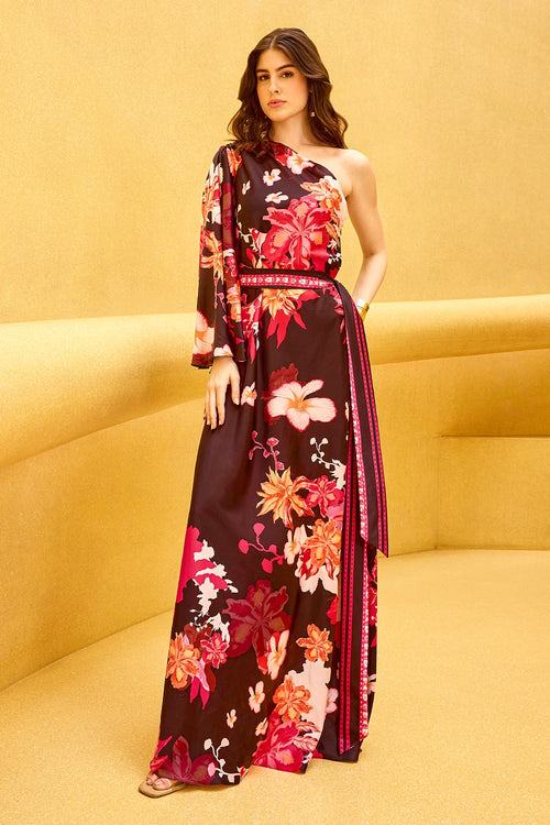 Black Camou Floral One-Shoulder Dress