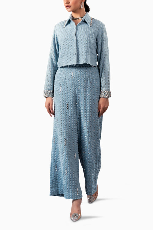 Light Denim Lazercut Crystal Crop Shirt With Light Denim Lazercut Crystal Pants