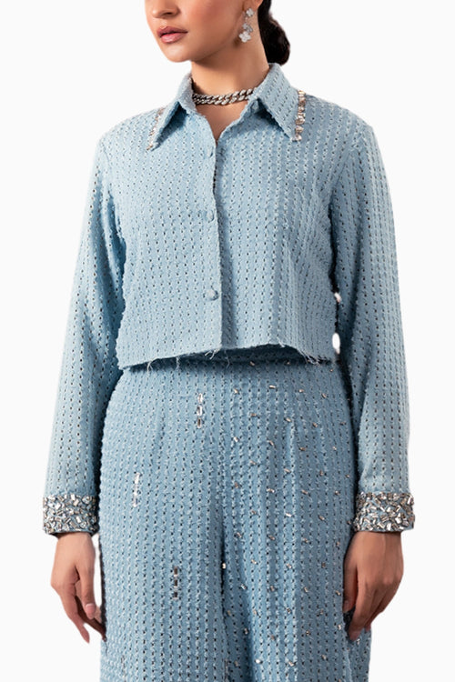 Light Denim Lazercut Crystal Crop Shirt