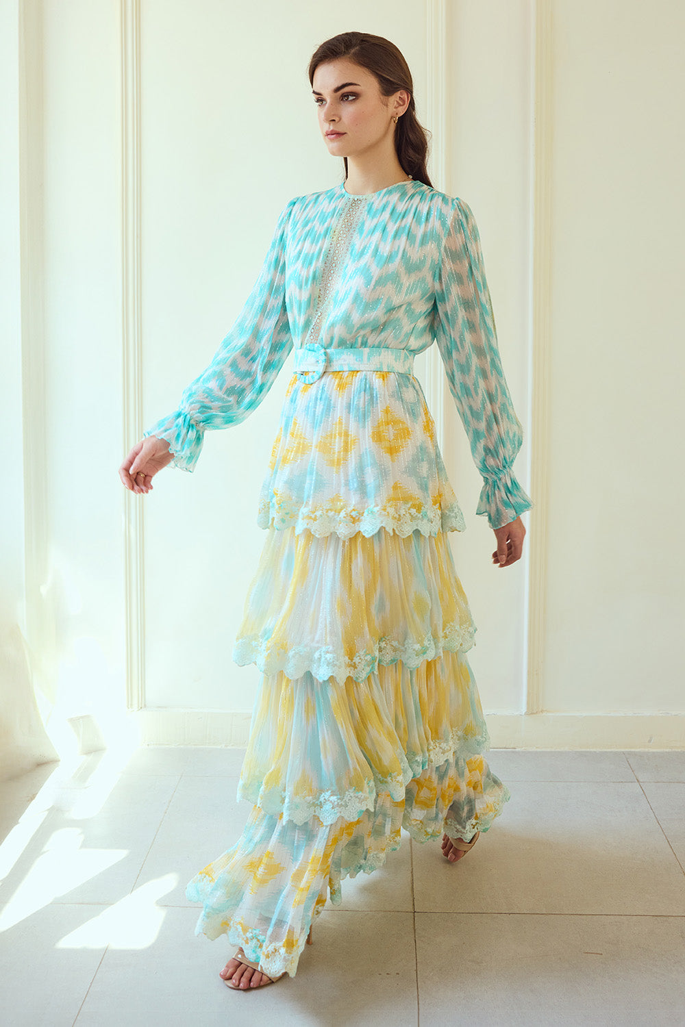 Front Lace Panelled Ikat Tiered Long Dress