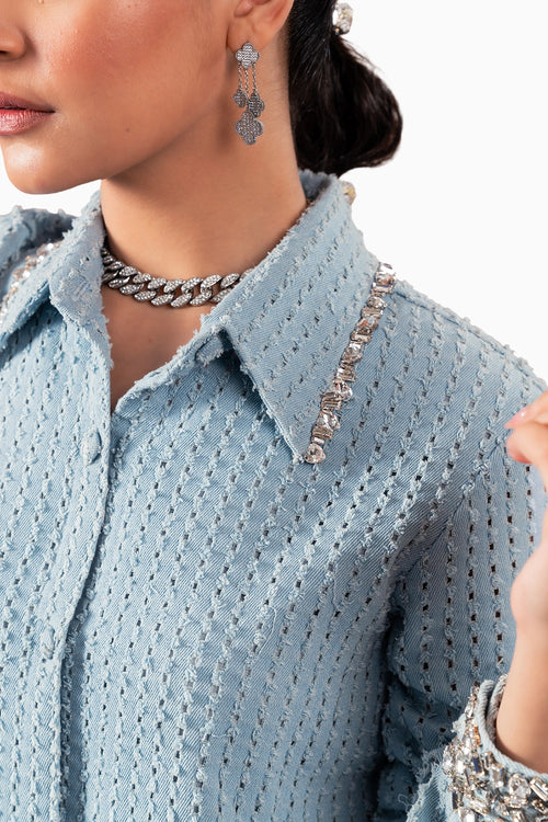 Light Denim Lazercut Crystal Crop Shirt With Light Denim Lazercut Crystal Pants