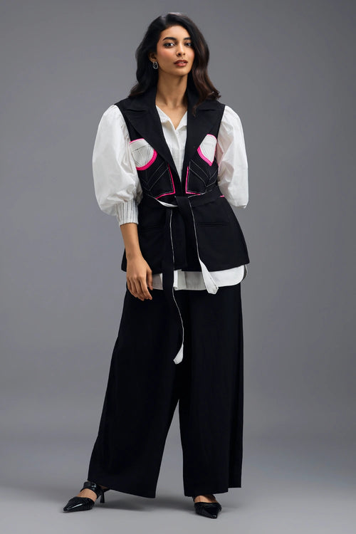 Black Vest and Trousers with White Puff-Sleeve Shirt