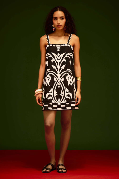 Black Strappy Shift Dress with Thread Embroidery