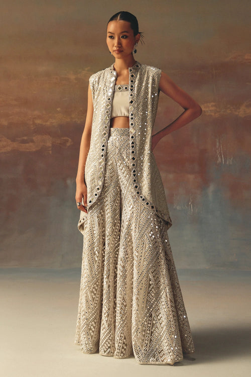 Silver Long Asym Jacket with Bandeau and Flared Shararas