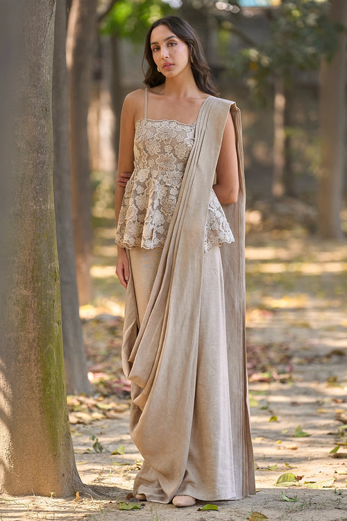 Embroidered Lace Peplum Top And Linen Sari Set