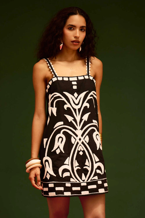 Black Strappy Shift Dress with Thread Embroidery