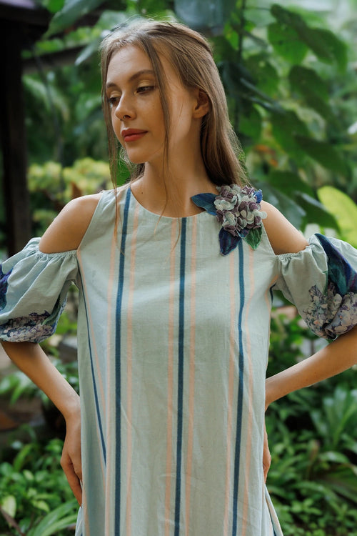 Sky Blue Striped Hydrangea Dress