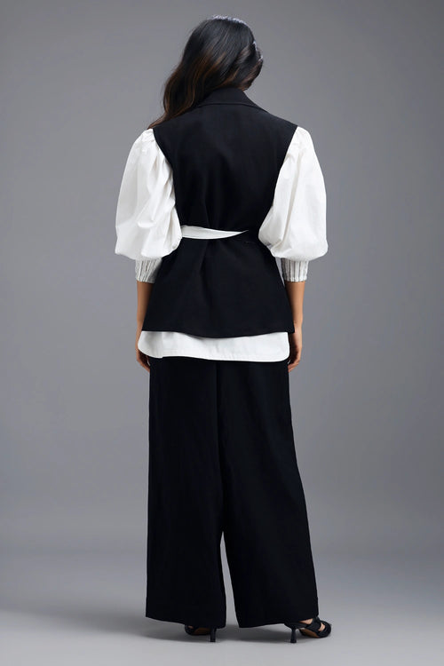 Black Vest and Trousers with White Puff-Sleeve Shirt