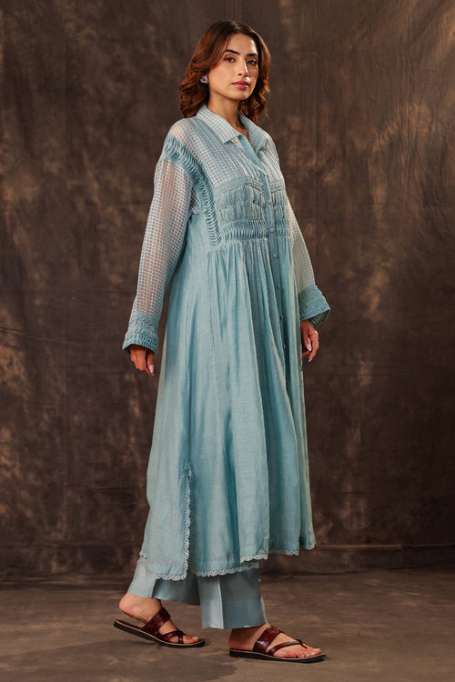 Vaayu Light Blue Pintuck Collar Kurta Set