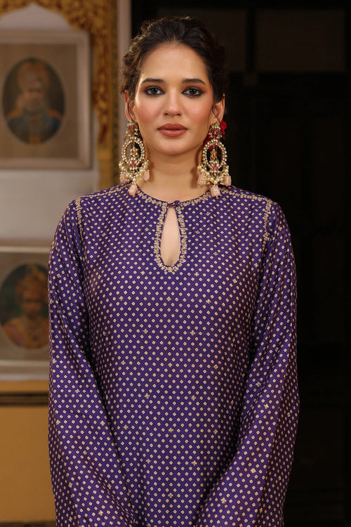 Ahista Purple Printed Mayur Applique Long Kurta Set