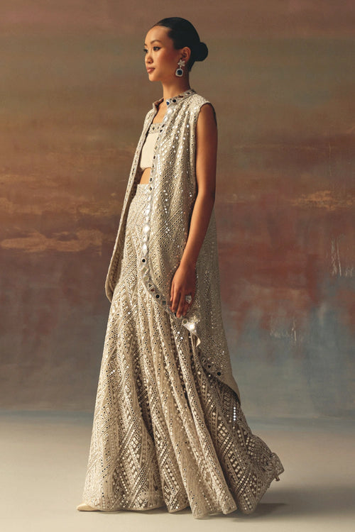 Silver Long Asym Jacket with Bandeau and Flared Shararas