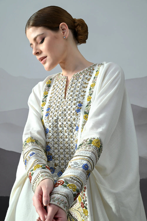 Ivory Kaftan With Hand-Embroidered Floral Work