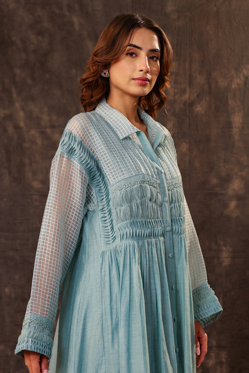 Vaayu Light Blue Pintuck Collar Kurta Set
