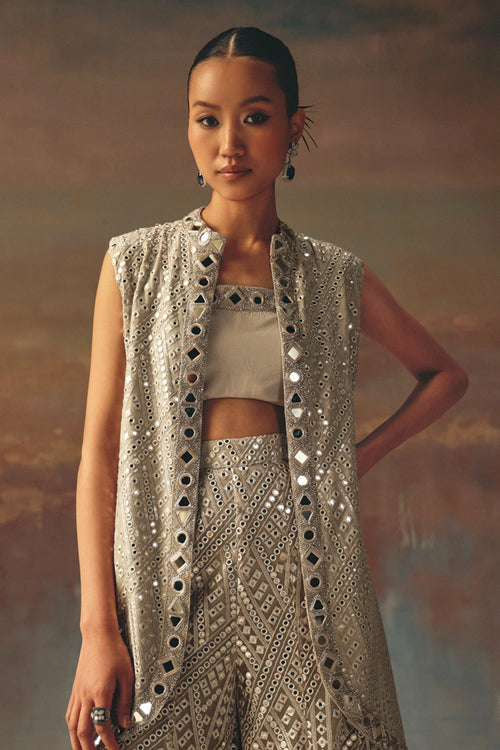 Silver Long Asym Jacket with Bandeau and Flared Shararas