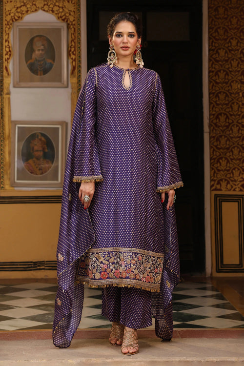 Ahista Purple Printed Mayur Applique Long Kurta Set