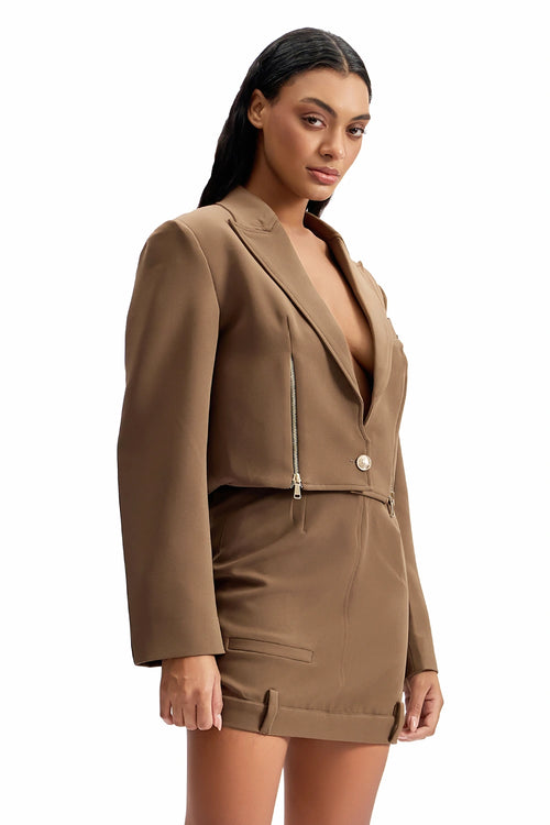 Sand Cropped Zip-Front Blazer & Skirt Set