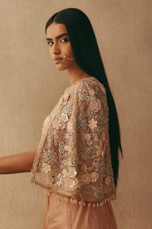 Blush Mirrorwork Cape Sleeves Jacket with Jaal Bandeau and Lace Pick Up Skirt