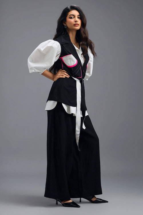 Black Vest and Trousers with White Puff-Sleeve Shirt
