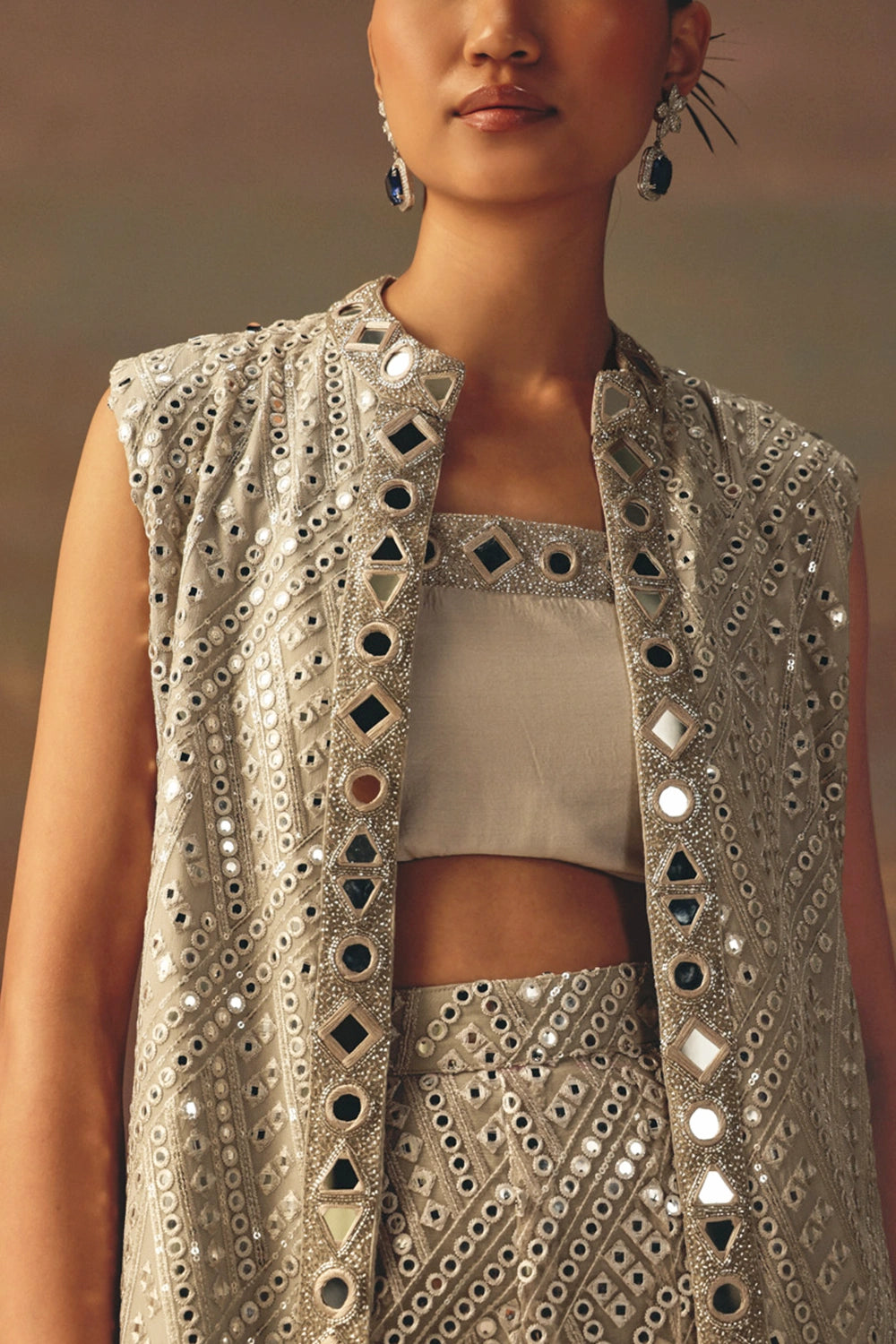 Silver Long Asym Jacket with Bandeau and Flared Shararas