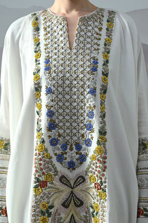 Ivory Kaftan With Hand-Embroidered Floral Work