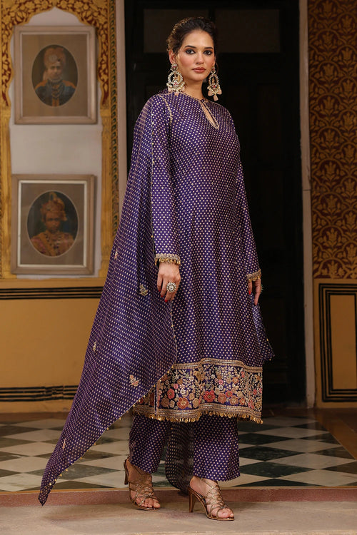 Ahista Purple Printed Mayur Applique Long Kurta Set