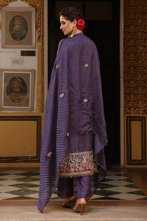 Ahista Purple Printed Mayur Applique Long Kurta Set