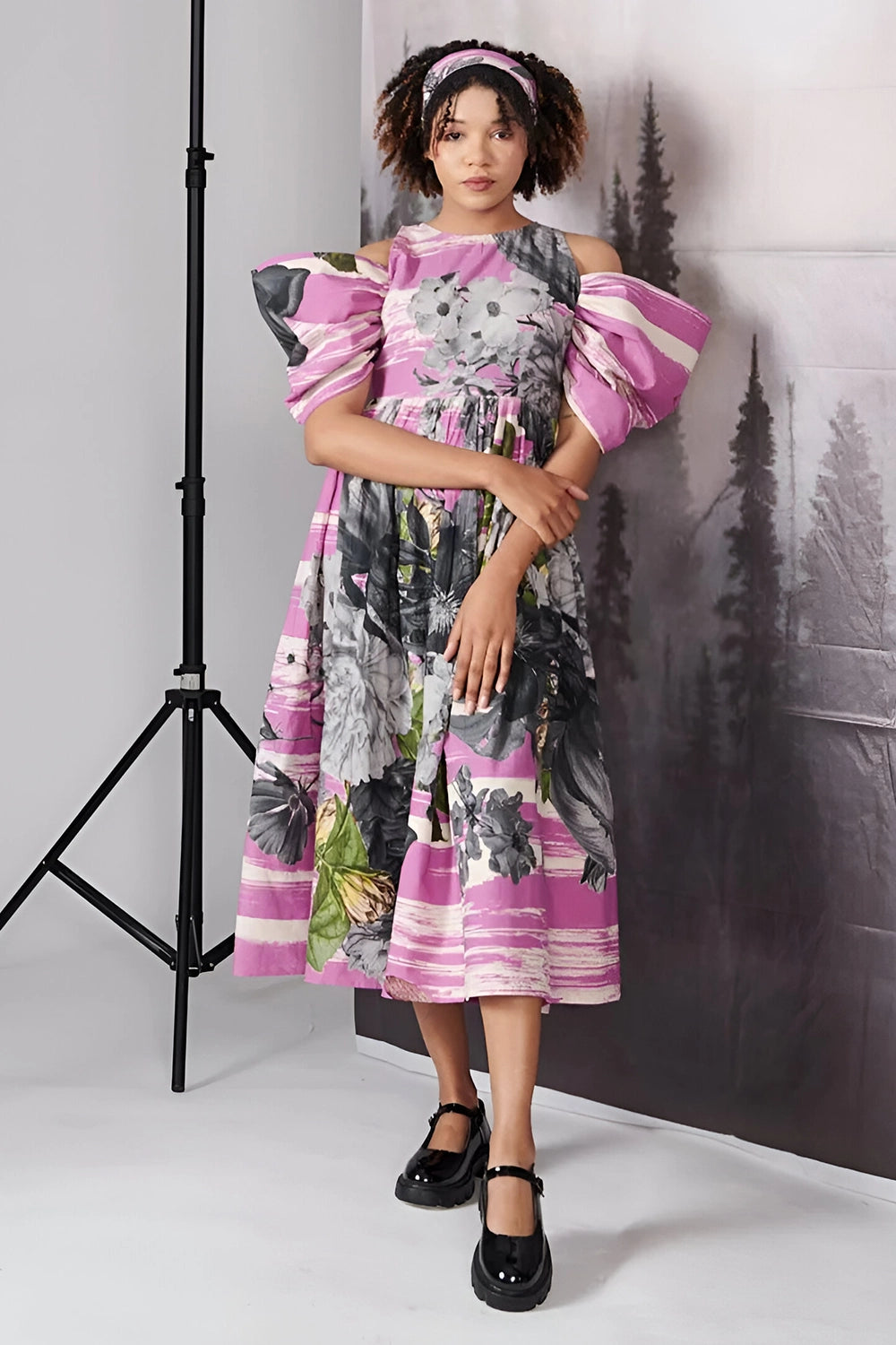 Purple Scratch Print Bow Sleeve Dress