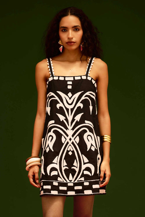 Black Strappy Shift Dress with Thread Embroidery