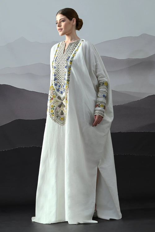Ivory Kaftan With Hand-Embroidered Floral Work