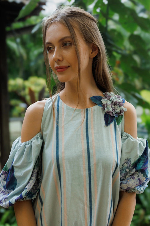 Sky Blue Striped Hydrangea Dress