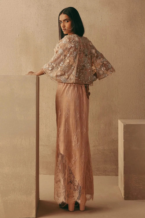 Blush Mirrorwork Cape Sleeves Jacket with Jaal Bandeau and Lace Pick Up Skirt