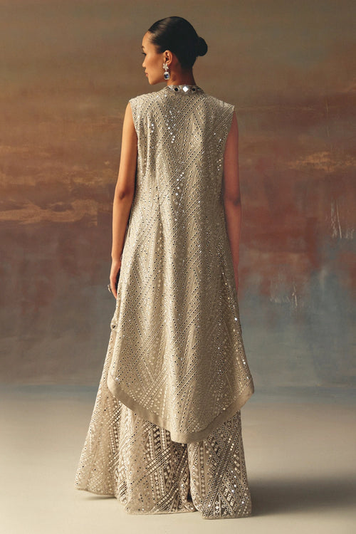 Silver Long Asym Jacket with Bandeau and Flared Shararas
