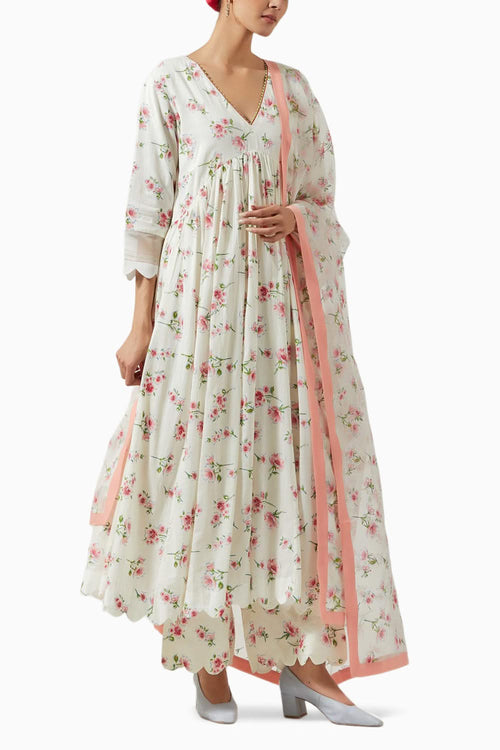 Ivory & Red Green Kurta Set