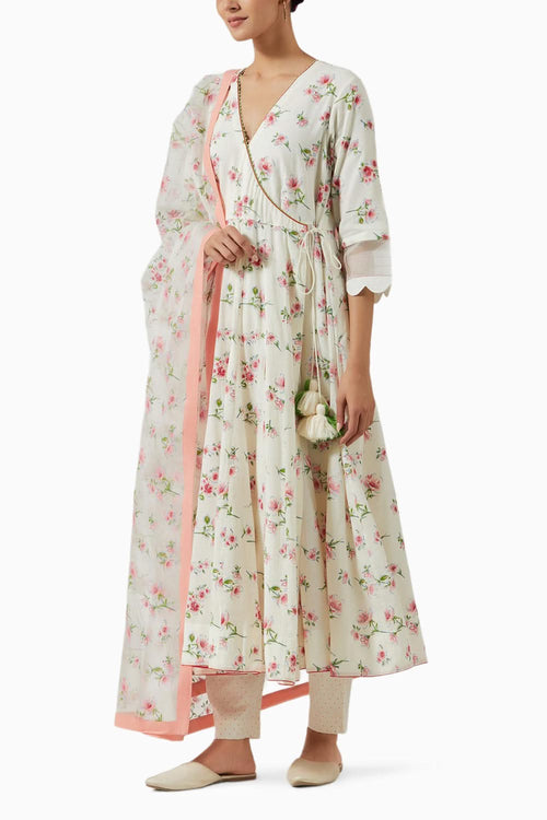 Ivory & Red Green Printed Kurta Set