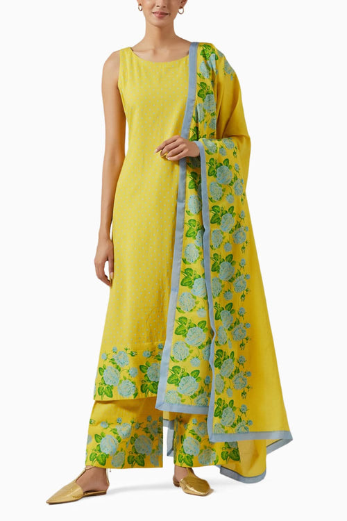 Yellow & Green Printed Kurta Set