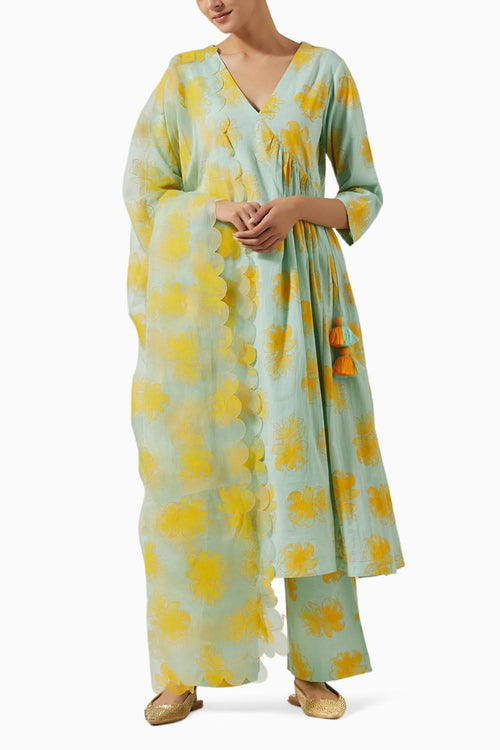 Acqua Green & Yellow Foil Print Kurta Set
