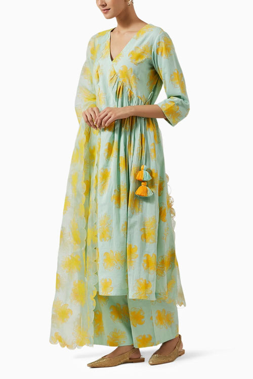 Acqua Green & Yellow Foil Print Kurta Set