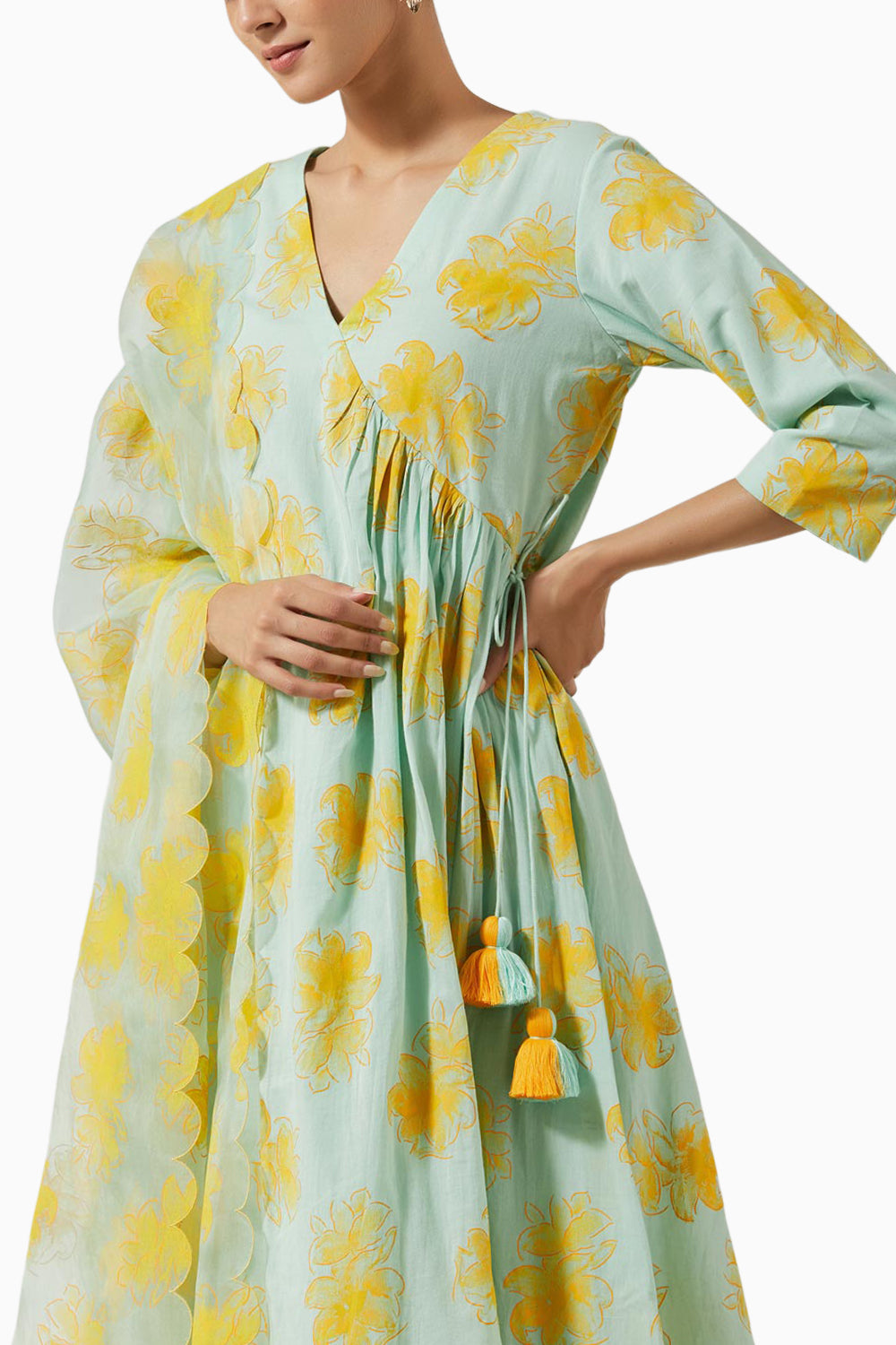 Acqua Green & Yellow Foil Print Kurta Set