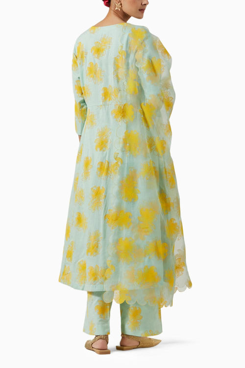 Acqua Green & Yellow Foil Print Kurta Set