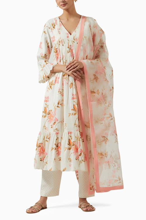 Ivory & Pink Printed Kurta Set