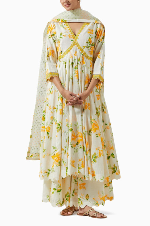 Ivory Multicolor Printed & Embroidered Kurta Set