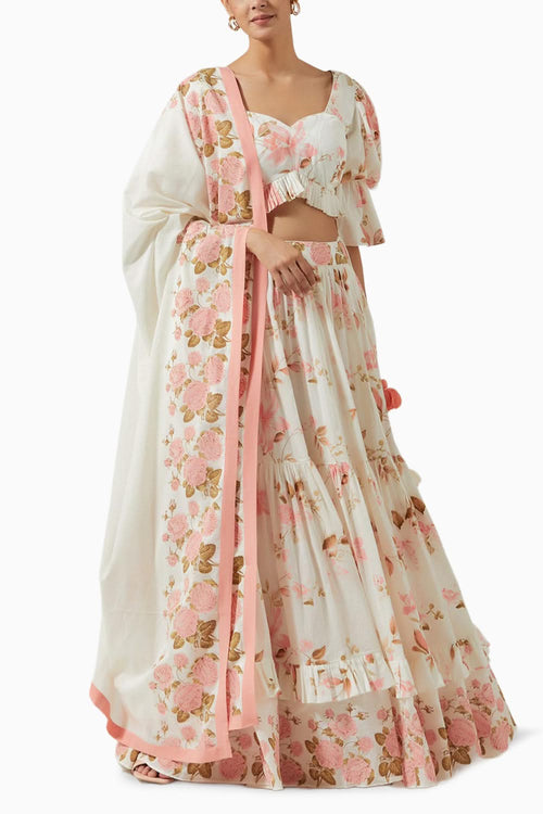 Ivory & Peach Printed Lehenga Set