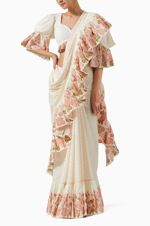 Ivory & Peach Printed Saree