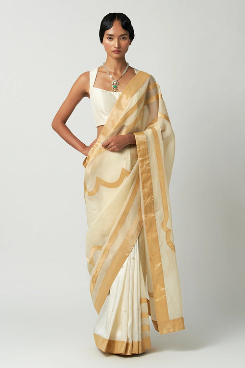 Moti Mehrabiya Applique Silk Saree Set