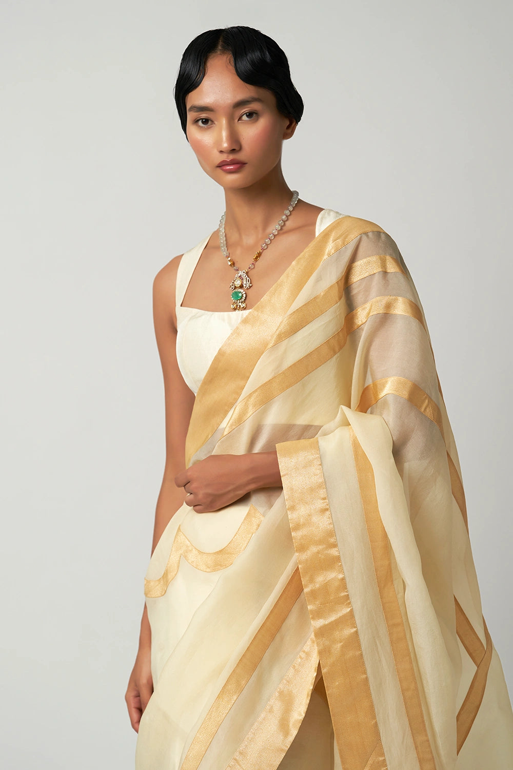 Moti Mehrabiya Applique Silk Saree Set