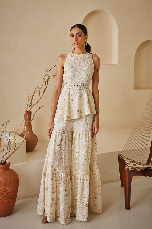 Chikankari Asym Top with Layered Shararas