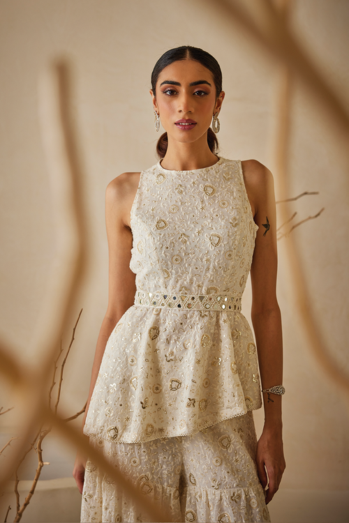 Chikankari Asym Top with Layered Shararas
