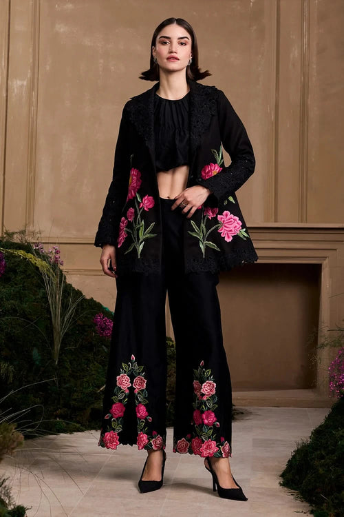 Black Bubble Hem Top And Jacket With Pant